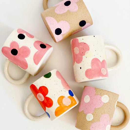 Large Dots over Flowers Handmade Ceramic Mug