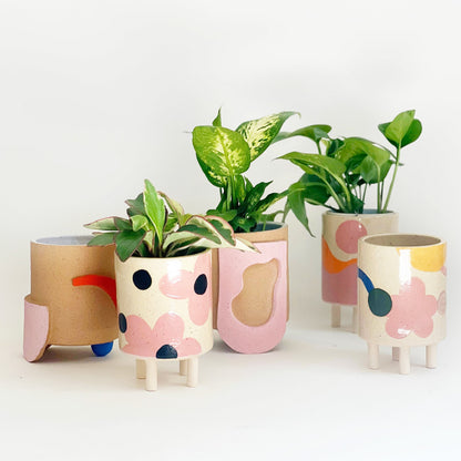 ceramics flower pot 6.5" Handmade and Hand-painted Ceramics Planter Planter Dots over Flowers by O-M CERAMIC
