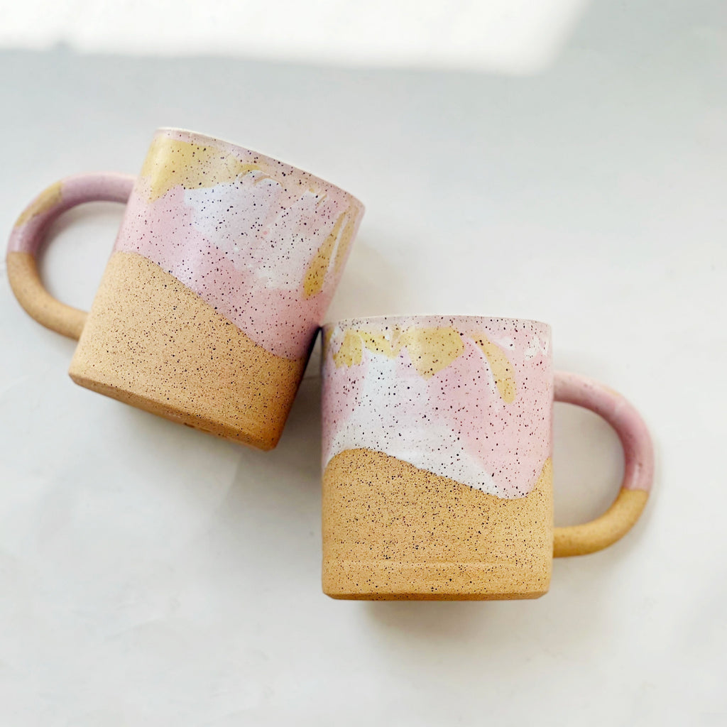Large Yellow and Pink wave line on Speckled Mug
