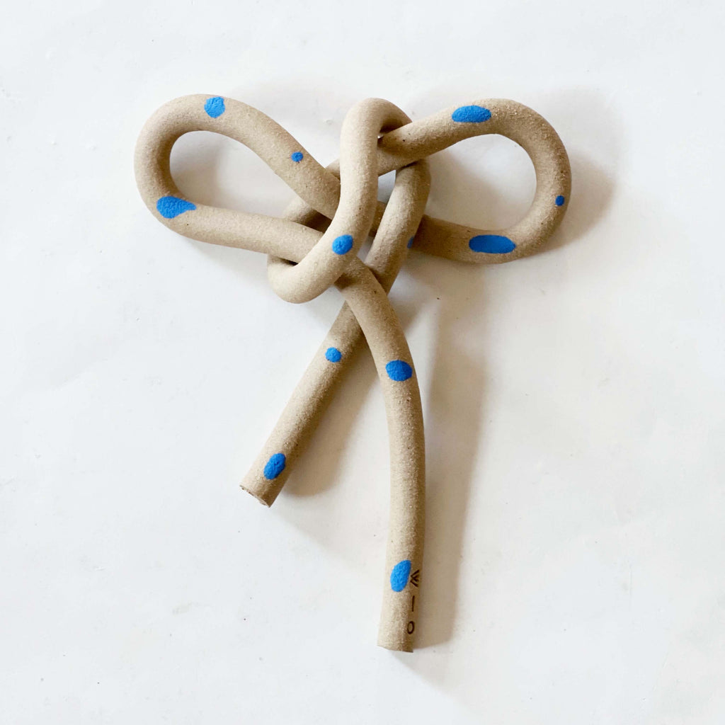 Clay Object 49-  Blue Dots Greige Bow